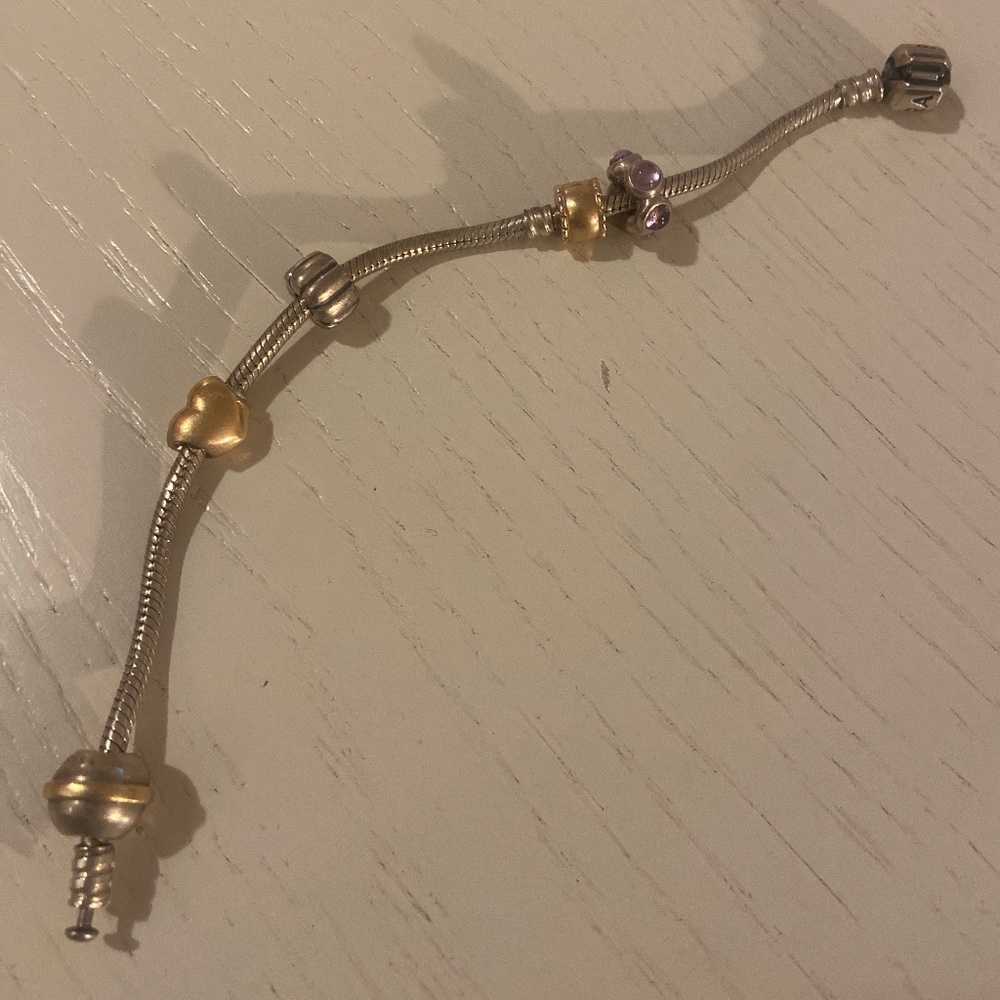 Pandora Bracelet, 14k Gold and Silver Charms